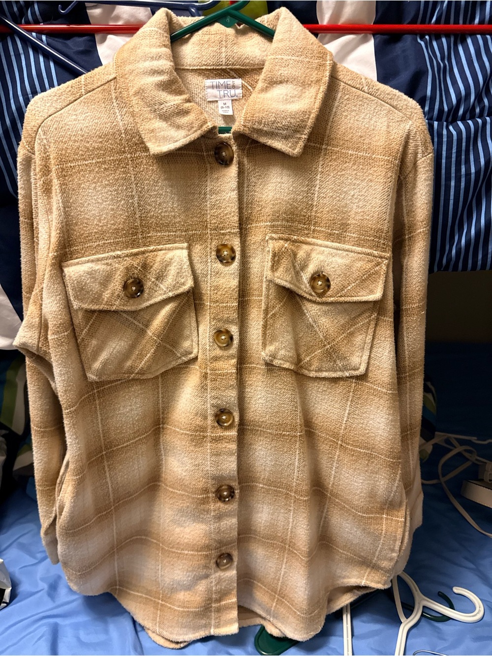 Cream and Tan Plaid Button-Front Utility Jacket